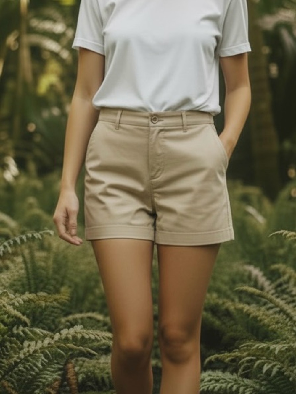L.L. BEAN Cotton Shorts Size 12 Khaki High rise 1/2 Elastic Waist Hiking Walking